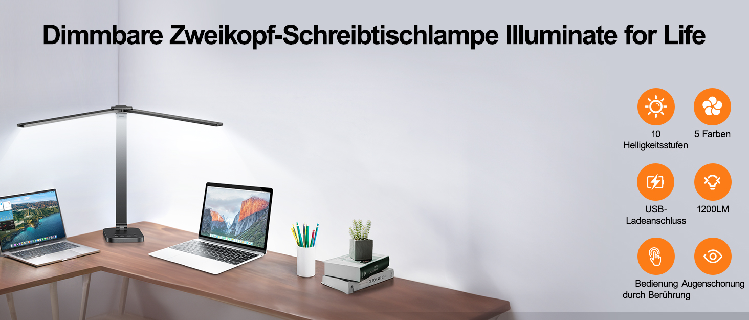 Настільна лампа One Fire з адаптером, 1000 люмен, 96 LED, диммування, для навчання дітей, з таймером та функцією пам'яті, денне світло, білий/чорний колір