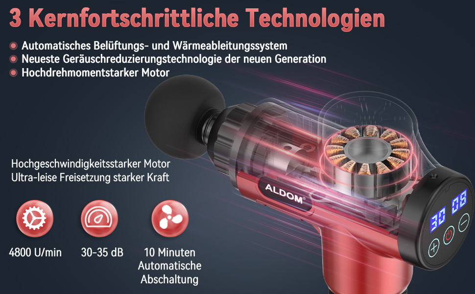 ALDOM Massage Gun - Electric Muscle Massager with 30 Speed Settings & 8 Attachments - Red