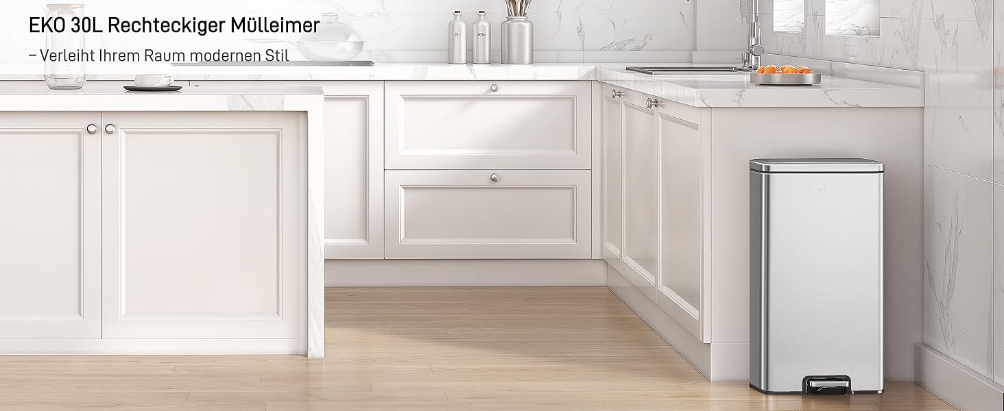 Відро для сміття EKO Madison 30л з м'яким закриттям кришки, нержавіюча сталь, знімний внутрішній відерце, стійке до відбитків пальців, з 20 мішками для сміття 30л