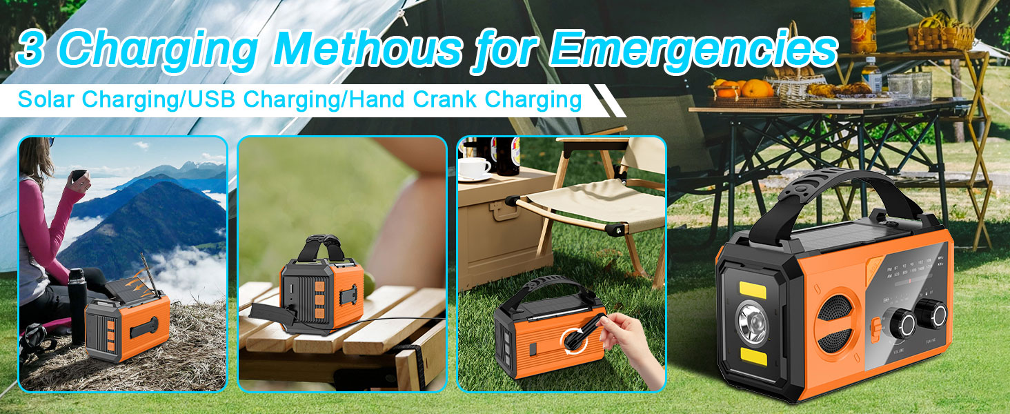 Радіо Kurbelradio на 27000mAh з Bluetooth, сонячне радіо з зарядкою для мобільного телефону, AM/FM портативне аварійне радіо, ліхтарик, зарядний пристрій та комплект для аварійних ситуацій Blackout, для кемпінгу та будівельних майданчиків, помаранчевий