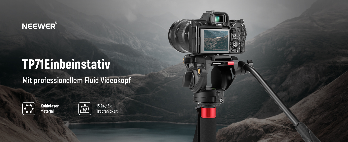 NEEWER 71.6' професійний монопод для камери з вуглеволокна, з швидкознімною платформою, сумісний з DJI RS, Manfrotto, для камер та відеокамер, максимальне навантаження 6 кг, з Fluid-головкою TP71