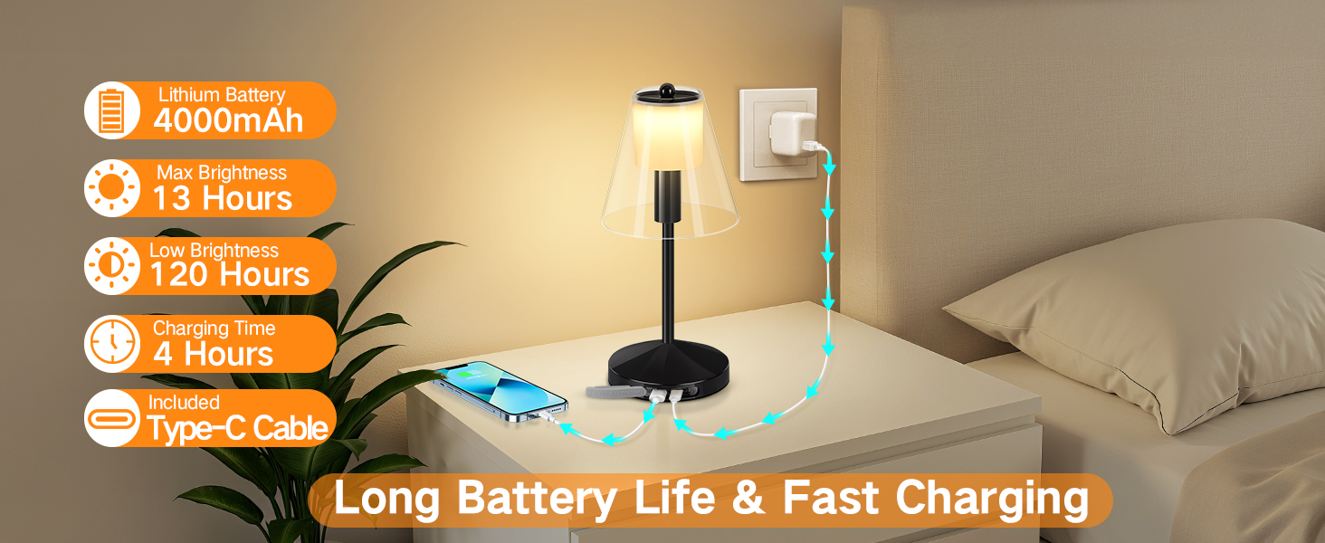 OUTON Бездротова LED-лампа настільна з торканням, регулювання яскравості, 3 режими кольору (3000K–6000K), акумулятор 4000mAh, USB-C, до 120 годин роботи, пам'ять, для спальні, бару та декору, чорна
