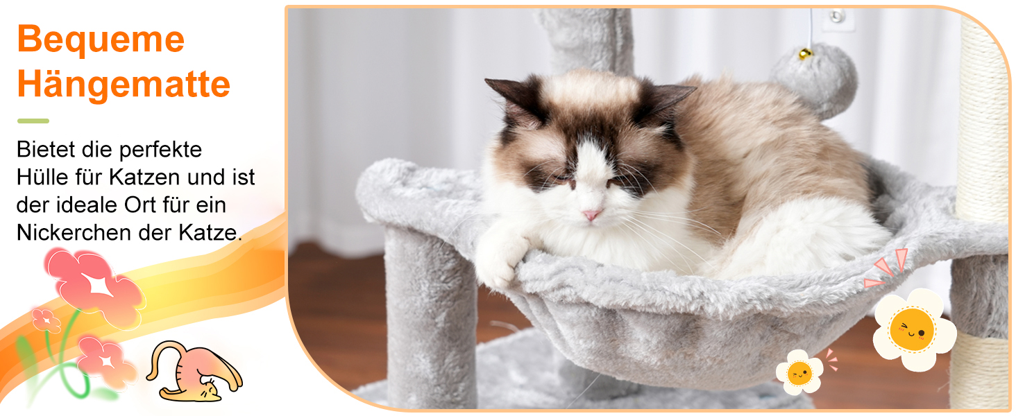 Котячий будиночок Heybly Kratzbaum: висота 100 см, котячий комплекс з платформою, печерею, 2 гамаками та іграшками. Активний котячий будиночок HCT006SG (світло-сірий)