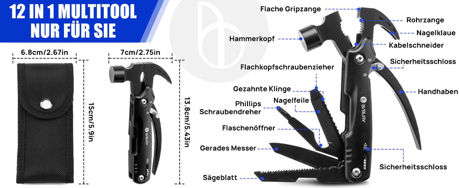 Мультитул BIBURY 12-в-1: молоток, інструменти для чоловіків, подарунок для тата, кемпінг, туризм, виживання