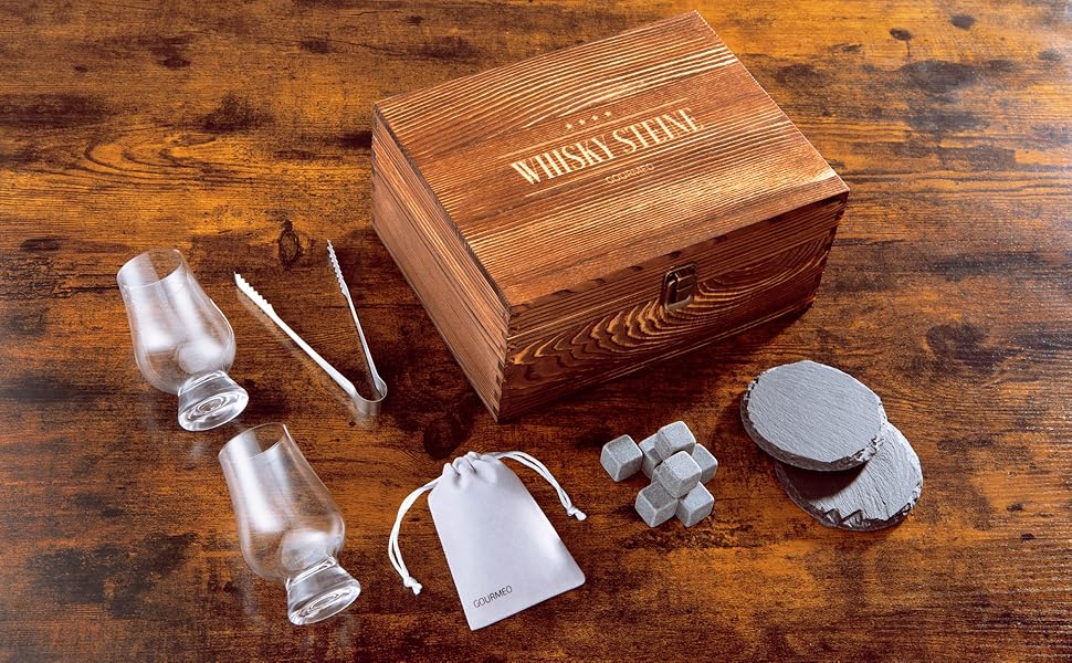 Набір склянок для віскі з аксесуарами та охолоджувальними каменями - 2 склянки, 8 каменів, пінцет з нержавіючої сталі - подарунковий набір віскі для чоловіків. 2 кришталеві келихи (2 тюльпанових келиха)