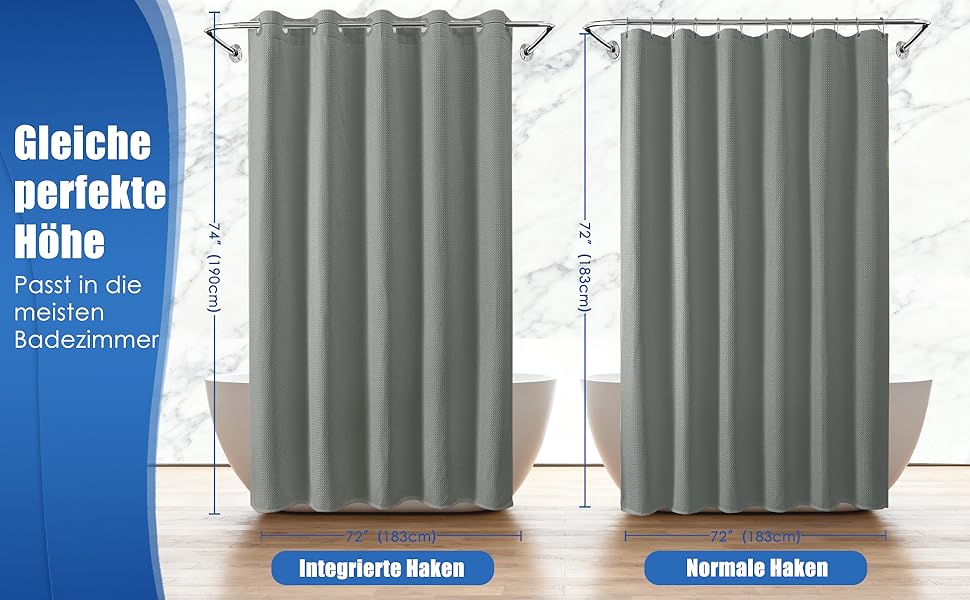 Водонепроникна штора для душу вафельна, 180x190 см, 260 GSM, сіра. Преміум-якість, анти-грибок, з металевими люверсами
