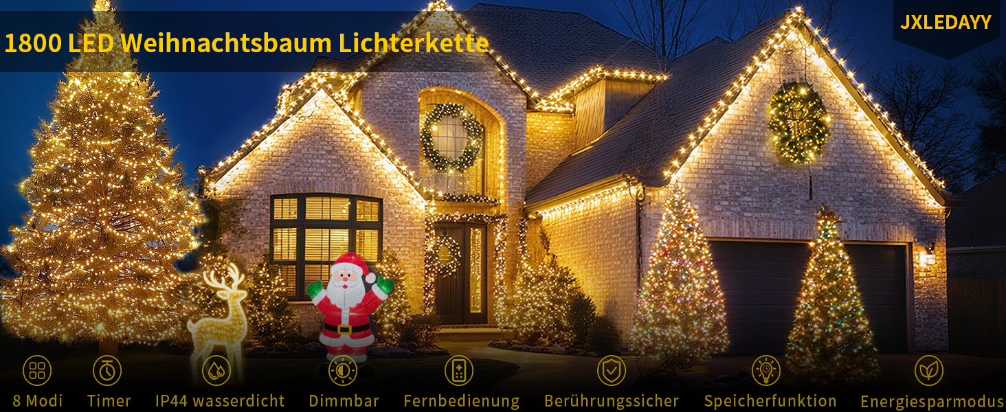 Ланцюжок прикрас для зовнішнього використання, 36 метрів, 1800 LED, тепле біле світло, 8 режимів, таймер, чорний кабель, IP44, для балкона, саду, вечірки, шлюбу