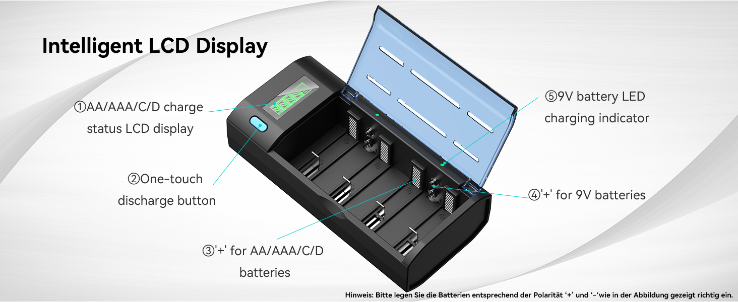 Зарядний пристрій ENEGON для акумуляторів AA/AAA/C/D/9V NiMH/NiCD з LCD дисплеєм та функцією розряду – 4 слоти, чорний