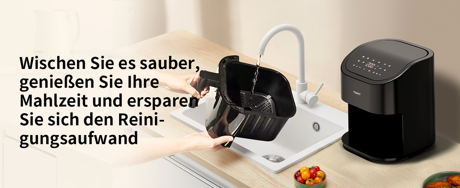 TOKIT Фритюрниця повітряна 1500W, 4.5L, 10 функцій, 360° циркуляція, низький вміст жиру, швидка приготування, компактна (чорний)