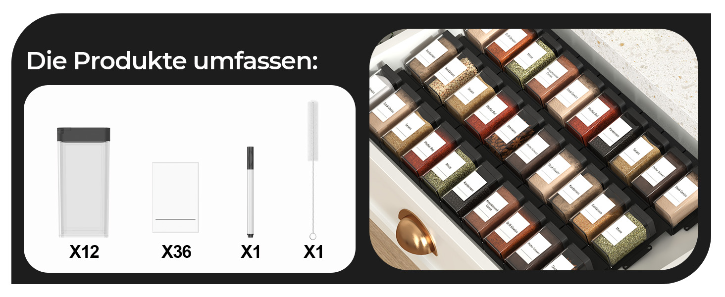 Набір баночок для спецій кутовий 12 шт. по 120 мл з кришкою, чорний