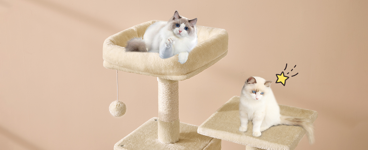 Кігтеточка для котів MSmask велика, багатоповерхова, з платформами, гамаком та сизалевими стовпчиками (бежева)