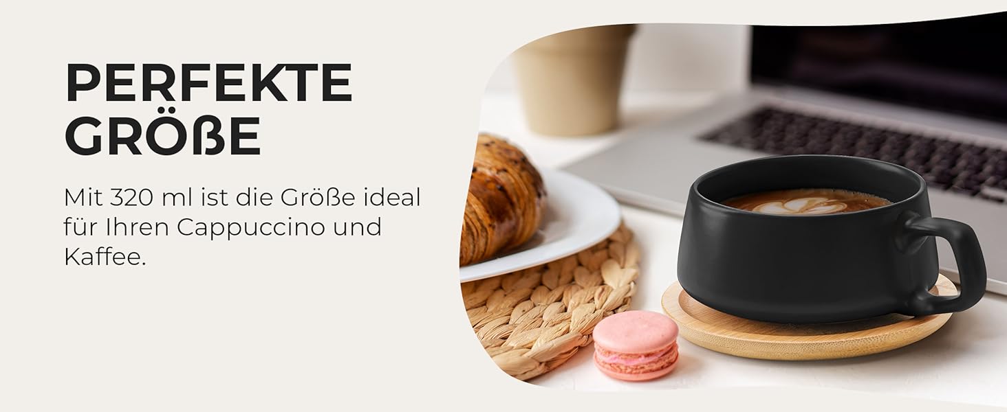 MIAMI - Set of 4 x 320 ml Coffee Cups/Cappuccino Cups with Saucers/Elegant/Modern/Coffee Cups made of stoneware - Luxe Collection 4-Piece Set (Black)