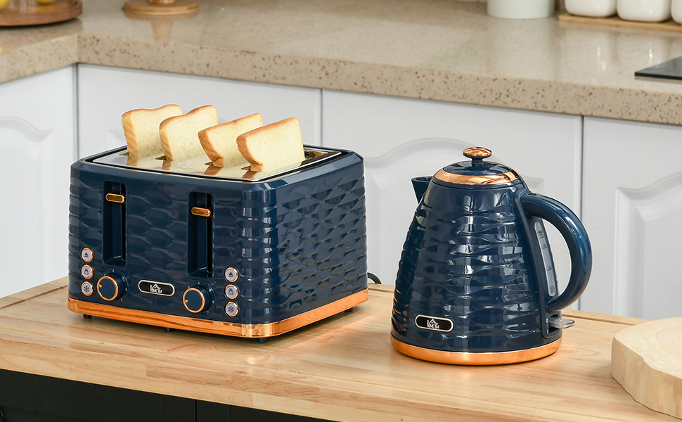 Набір для сніданку HOMCOM: чайник 1.7л та тостер на 4 тости, 2200 Вт, 7 рівнів підсмажування, функція розморожування, підігріву, зйомний піддон для крихт, термостат Otter, блакитний