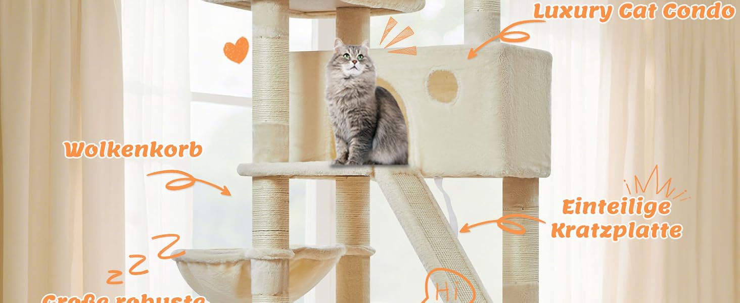 Дерев'яний кігтеточки для котів Taoqimiao MS026W, великий, бежевий (146 см) з 2 будиночками, гамаком та 8 стовпчиками для заточування кігтів