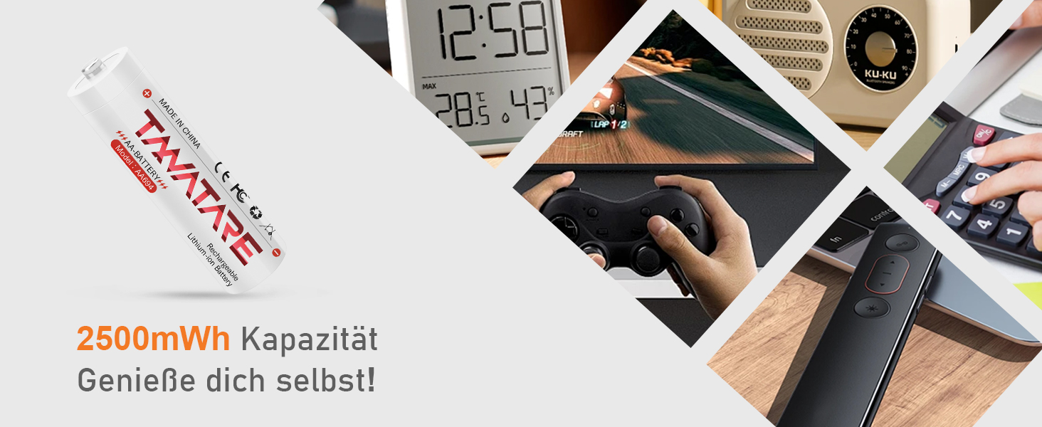 8 x Акумулятори Li-Ion AA з зарядним пристроєм, 1.5V, 2500 mAh, білі