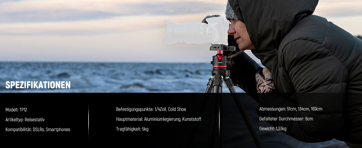 NEEWER Штатив для камери 169см, легкий, з кульковою головкою, Arca тип, тримач для телефону, максимальне навантаження 11lb, TP12