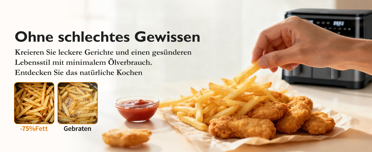 Електрична фритюрниця повітряна 11л, 2 камери з грилем, 10-в-1, без олії, з нагадуванням про струшування <60дБ, з антипригарним покриттям, 78 рецептів
