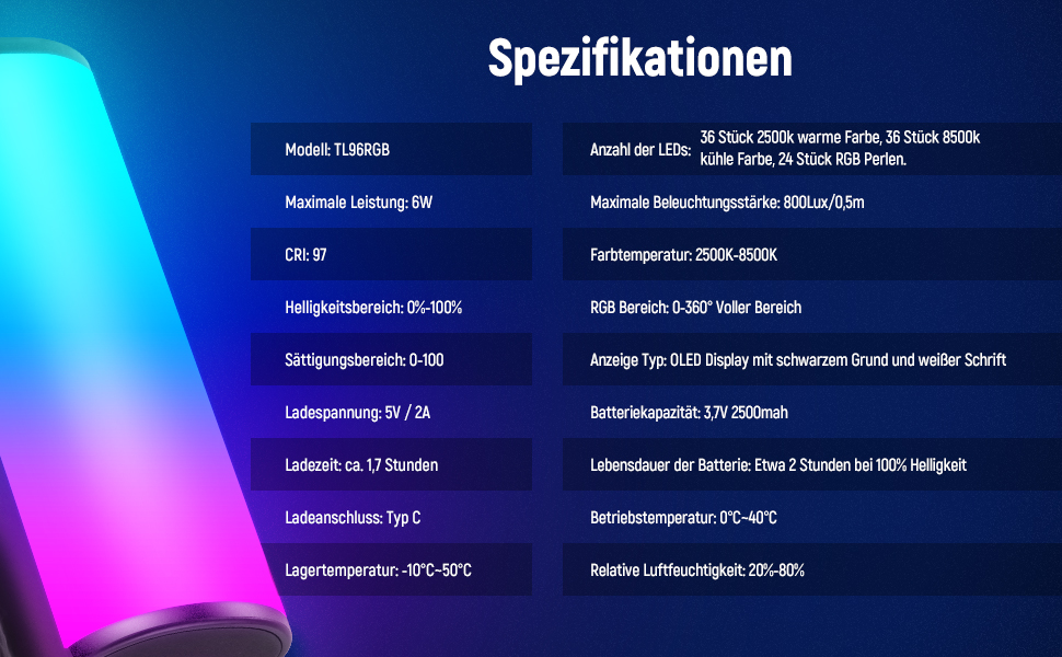 NEEWER LED відеоліхтар з магнітним кріпленням та штативом, RGB, 2500-8500K, 2500mAh, TL96RGB