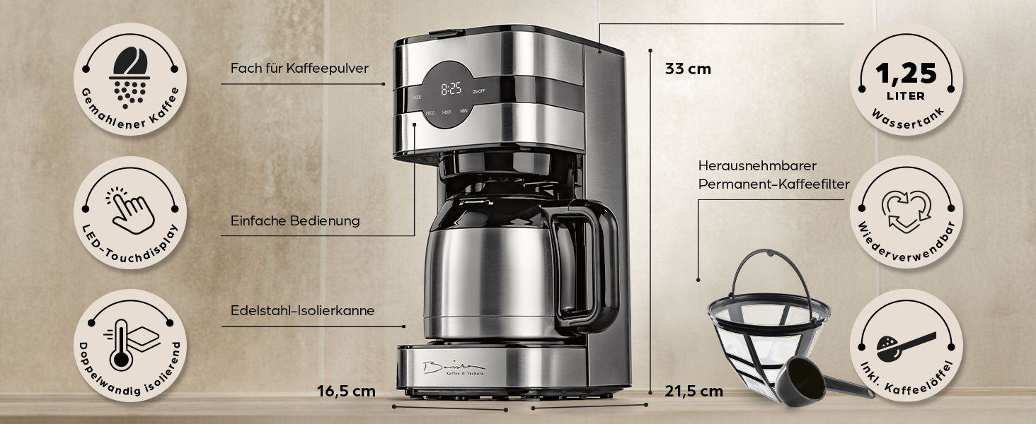 Кавомашина Barista Filterkaffeemaschine з термоканавою, таймер 24 год, постійний фільтр, для 8 чашок кави, для кавової гущі [з нержавіючої сталі] 2) Термокана з нержавіючої сталі