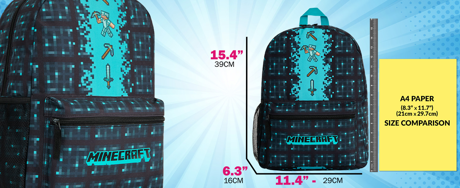 Рюкзак Minecraft для дітей, шкільний ранець з сітчастою кишенею та м'якими лямками - подарунок для хлопчиків, блакитний