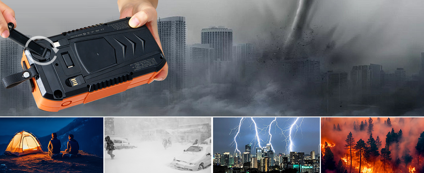 Портативний зарядний пристрій 70000mAh з сонячною панеллю: Power Bank з PD 30W, бездротова зарядка, 6 виходів USB, ліхтарик, компас, ручка для підзарядки, для кемпінгу та активного відпочинку, помаранчевий