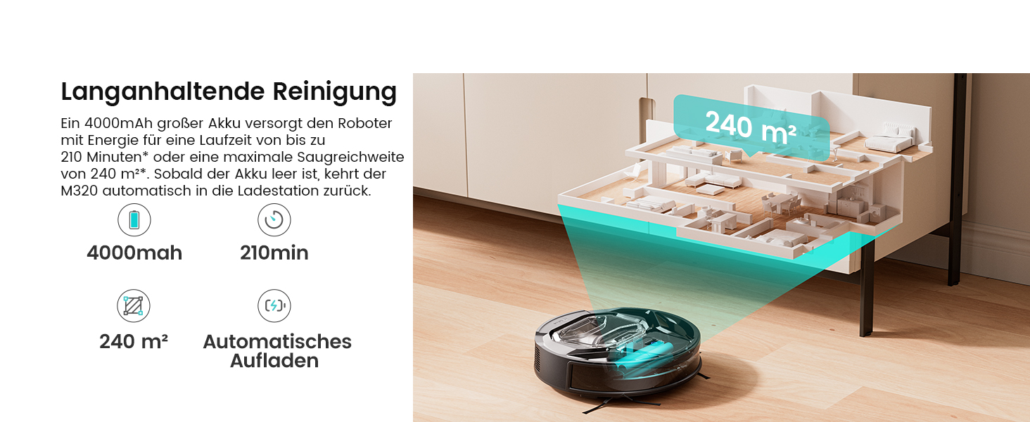 Робот-пилосос LEFANT M320 з функцією миття, потужність 6000 Па, уникнення перешкод, розпізнавання килимів, керування через додаток/Alexa, зона заборони, чорний