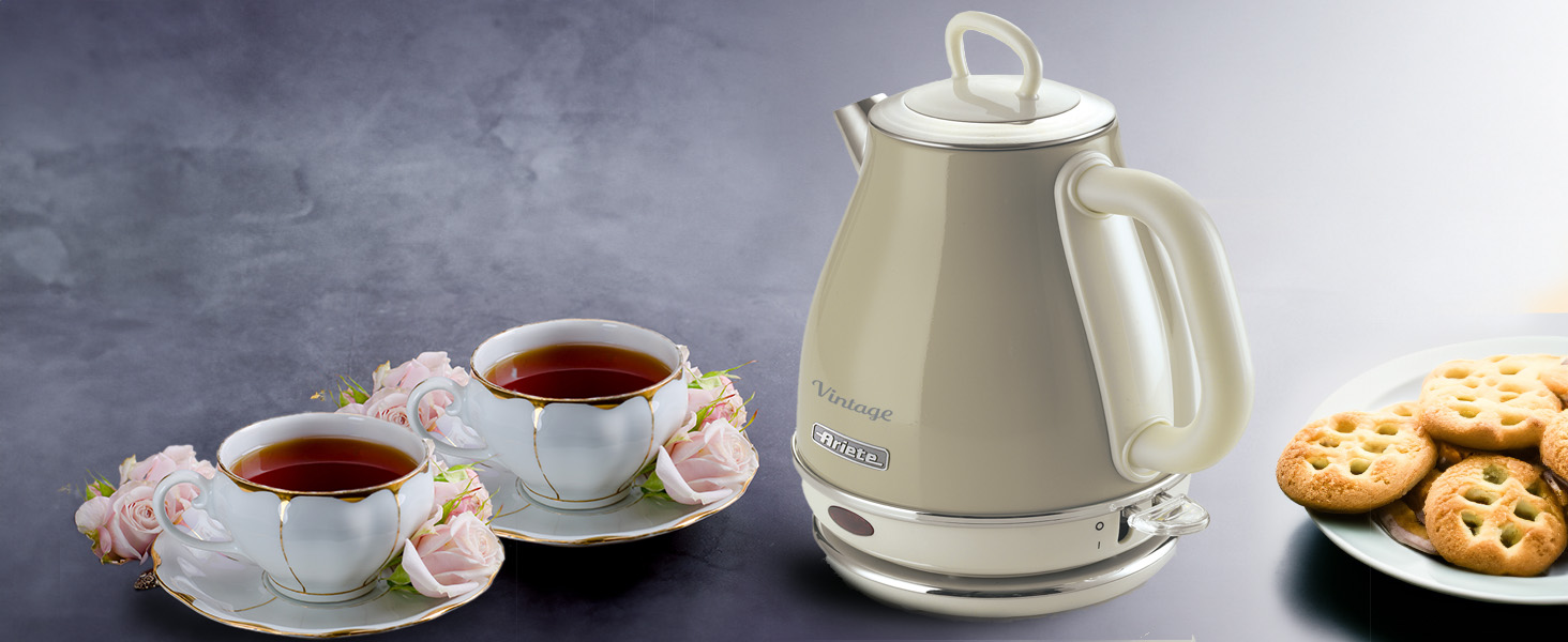 Електричний чайник Ariete Vintage 2868, Бежевий, 1 літр, 1600W, з бездротовим основанням, автоматичне відключення, нержавіюча сталь