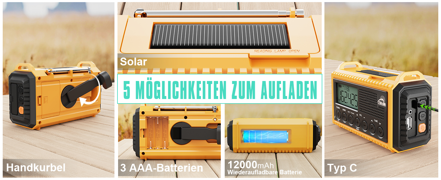 Радіо на батареї 12000mAh з ручним генератором та сонячною панеллю | AM/FM/SW, SOS, USB-C, IPX4, ліхтарик, для кемпінгу та відпочинку на природі, жовте