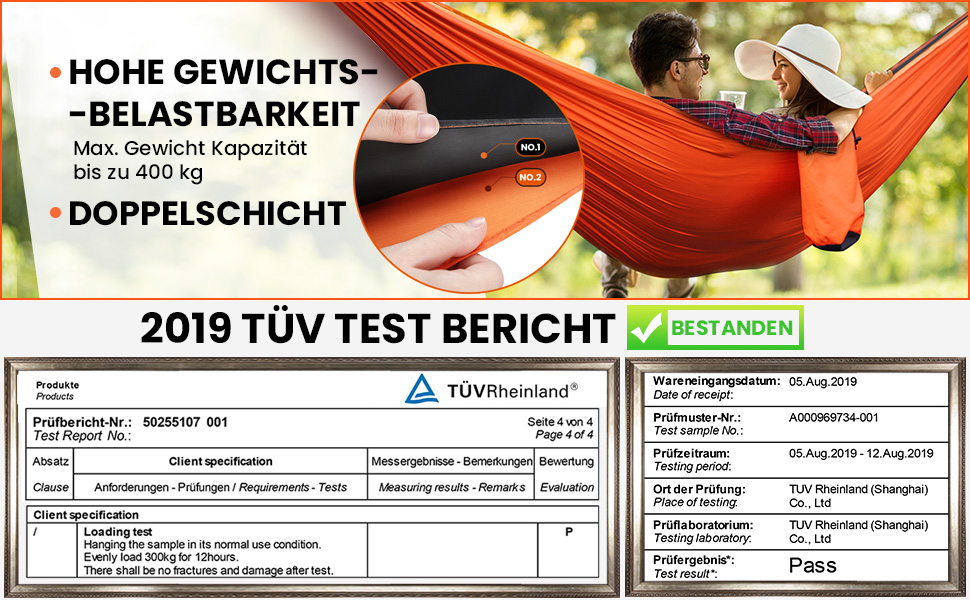 Гамак Overmont двошаровий, сертифікований TÜV, 400 кг, 280x185 см, нейлон, для кемпінгу, відпочинку на природі, чорно-помаранчевий