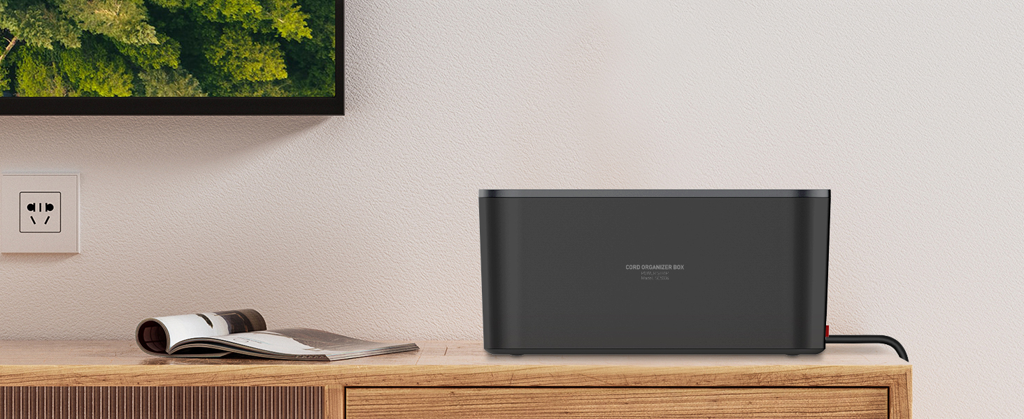 Многорозеткова смуга з кабельною коробкою, захист від перенапруги, 5 розеток, 3 USB, органайзер для столу, 29.5 x 14 x 14 см, кабель 2 м (5 м, чорний)