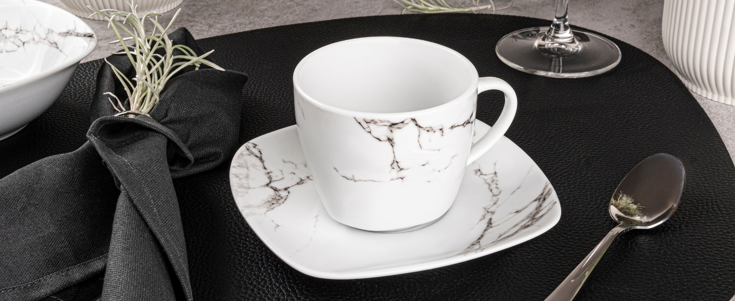 Singer | Bilgola Marble 6-Piece Coffee Cup Set, Porcelain Coffee Cups for 6 People, Dishwasher-Safe Coffee Cups & Mugs Set for Coffee & Tea, 350 ml | PREMIUM COLLECTION