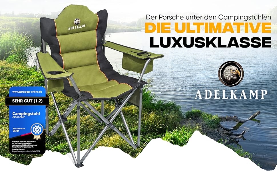 Складний туристичний стілець ADELKAMP з товстим м'яким сидінням, висока вантажопідйомність 150 кг, з сумкою-холодильником та тримачем для напоїв – переможець тесту 2024, преміум-якість, оливковий колір