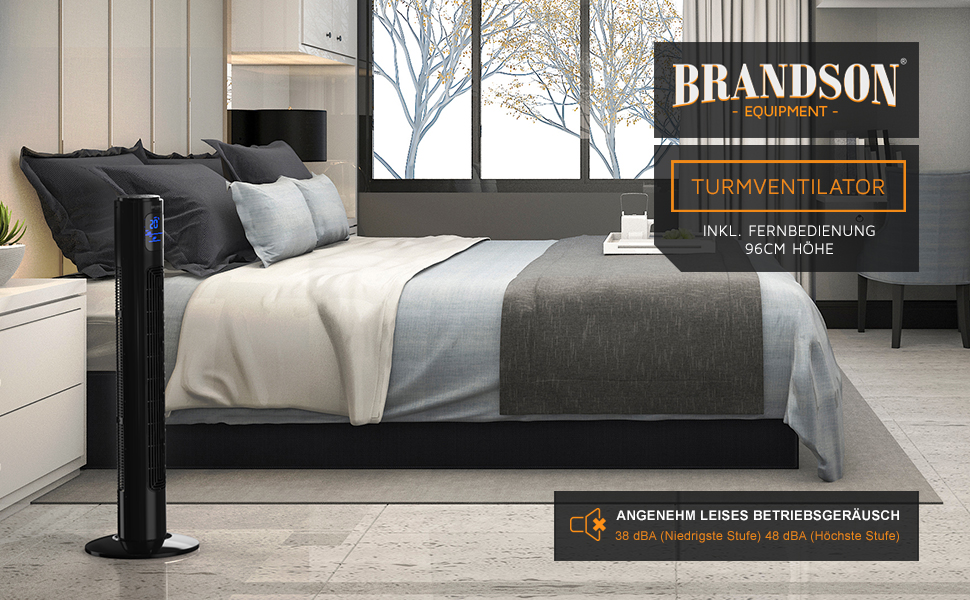 Вентилятор підлоговий Brandson з дистанційним керуванням, 96 см, тихий, з осциляцією, 3 швидкості, 3 режими, таймер, сертифікат GS, сірий (A: Космос Чорний)