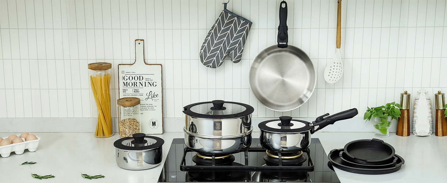 Набір каструль та сковорідок ROYDX з нержавіючої сталі 18/10 з знімними ручками, набір для індукційних плит, стікений, з кришкою, без PTFE PFOA, 10 предметів, придатний для миття в посудомийній машині та духовці