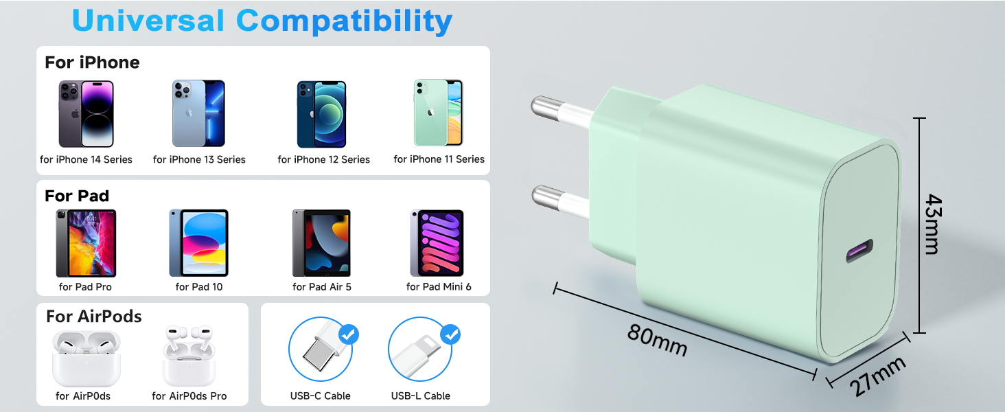 Зарядний пристрій 20W USB-C з кабелем Lightning для iPhone 14/13/12/11/X/XR/XS/Mini/SE, 2 шт. - Рожевий + Зелений