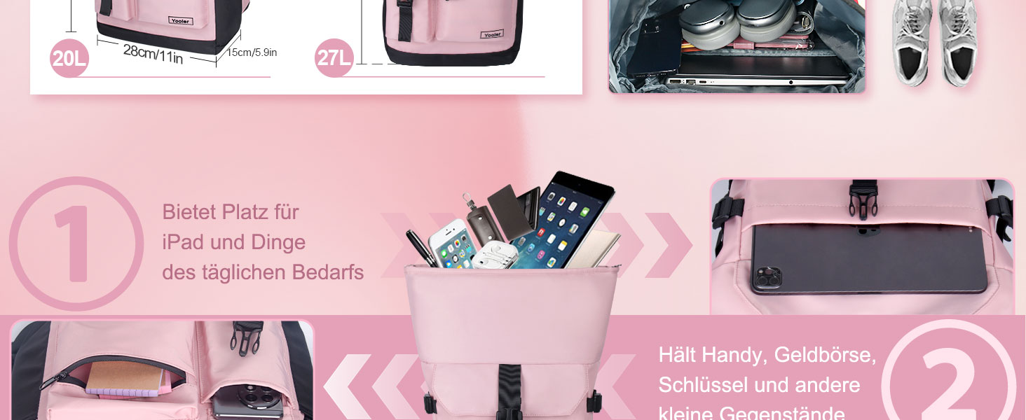 Roll-top Backpack Waterproof, 27L Large Backpack Men Women, School Backpack with 17.3 Inch Laptop Compartment, Travel Backpack Hiking Backpack for Business Work College Travel Leisure (Pink)