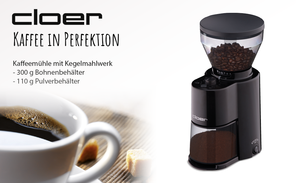 Електрична кавомолка Cloer 7520 з конічним жорнами з нержавіючої сталі, 2-12 чашок, 300 г кавових зерен, 150 Вт, регульований ступінь помелу, чорний