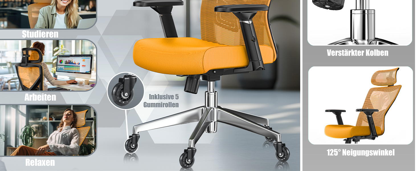 Офісне крісло KESSER® ергономічне з регульованими підлокітниками, поворотне з підтримкою попереку, з підголівником. Функція гойдання до 125° та 5 роликів. Оранжевий/срібний колір.