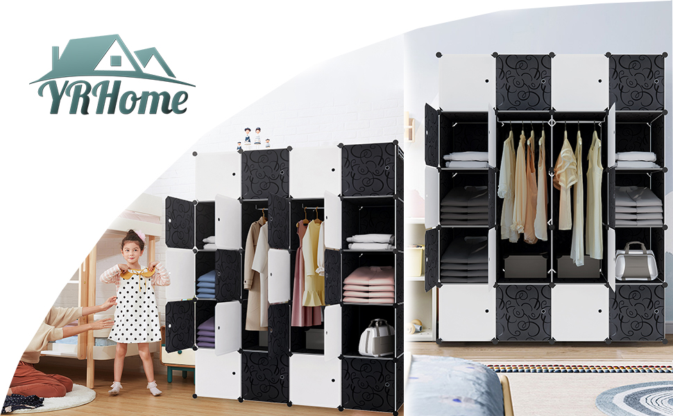 Модульна шафа для одягу YRHome, 20 секцій з дверима, пластиковий збірний гардероб, універсальний органайзер