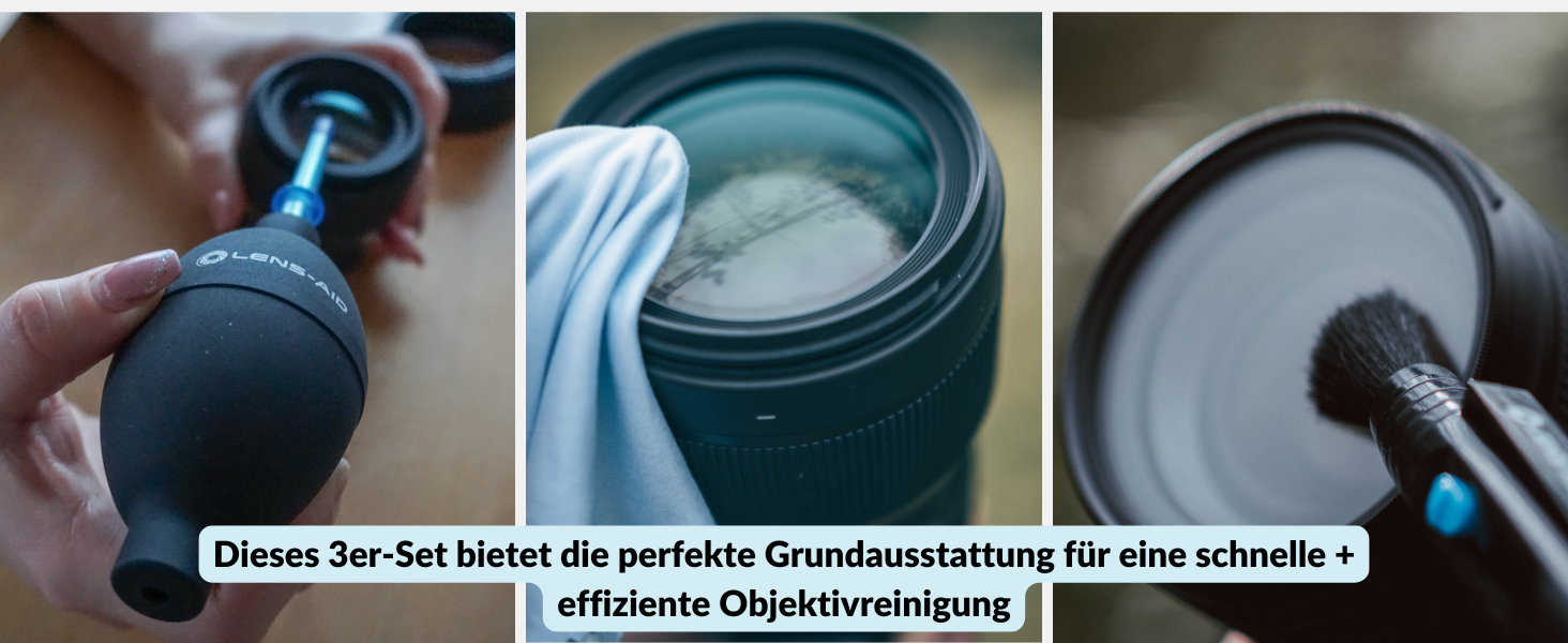Набір для чищення камери Lens-Aid 3 в 1: повітряний насос, олівець для чищення та 5 мікрофібрових серветок. Підходить для сенсорів, об'єктивів, дисплеїв, фільтрів та оптики. Ідеальний для фотоаксесуарів та техніки.