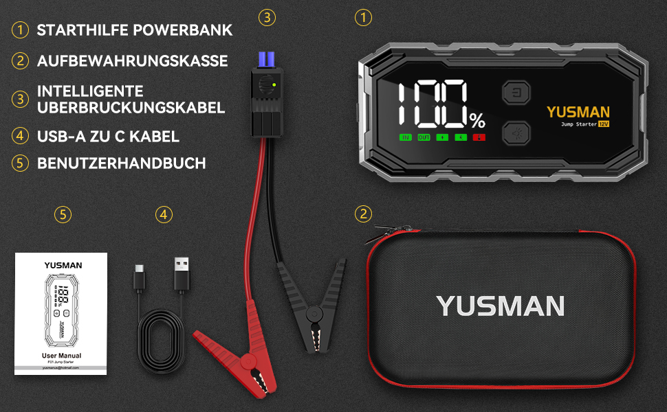 Powerbank для автомобіля Starthilfe: 6000A бустер для акумулятора, LED-ліхтарик, дисплей, кабель. Підходить для SUV, мотоциклів, газонокосарок Black