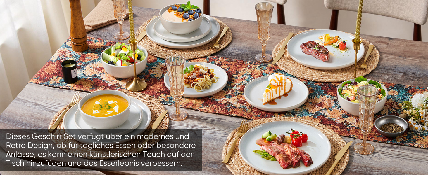 Набір посуду HaWare на 6 осіб, 18 предметів: тарілки, десертні тарілки, миски, бежевий колір. Підходить для мікрохвильової печі та посудомийної машини.