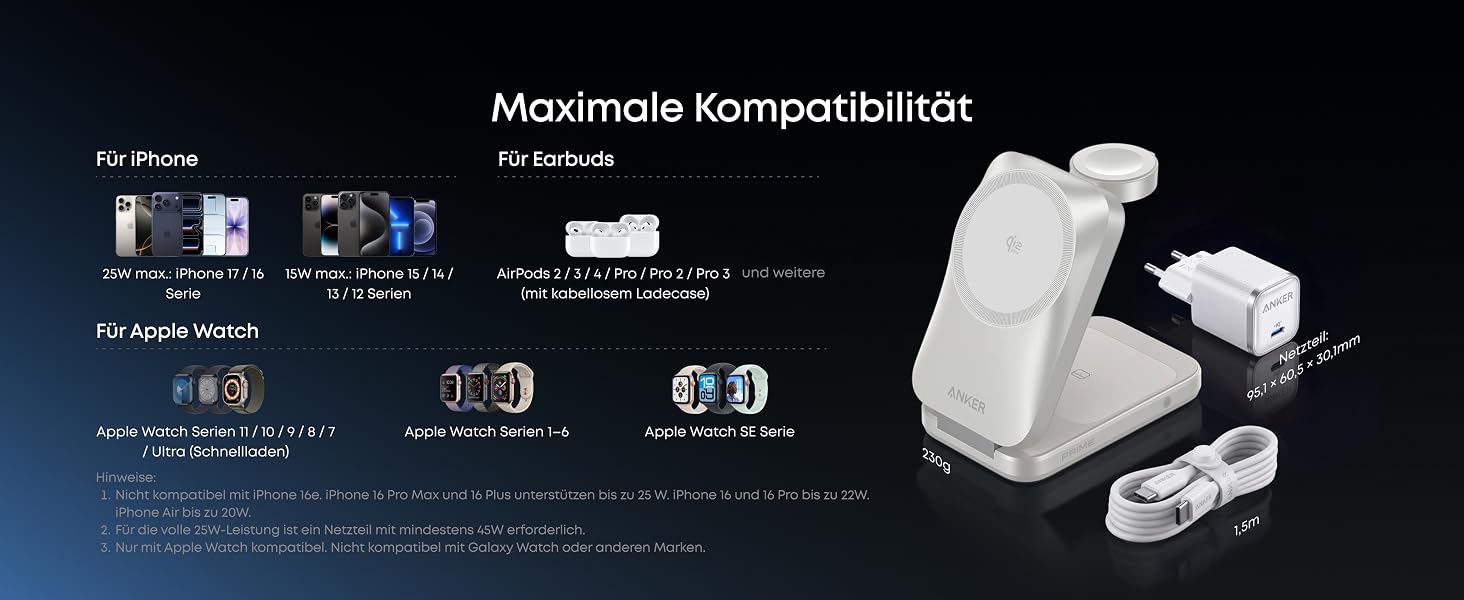 Зарядна станція Anker Prime 3-in-1 Qi2 25W з системою охолодження AirCool, бездротовий зарядний пристрій (білий)