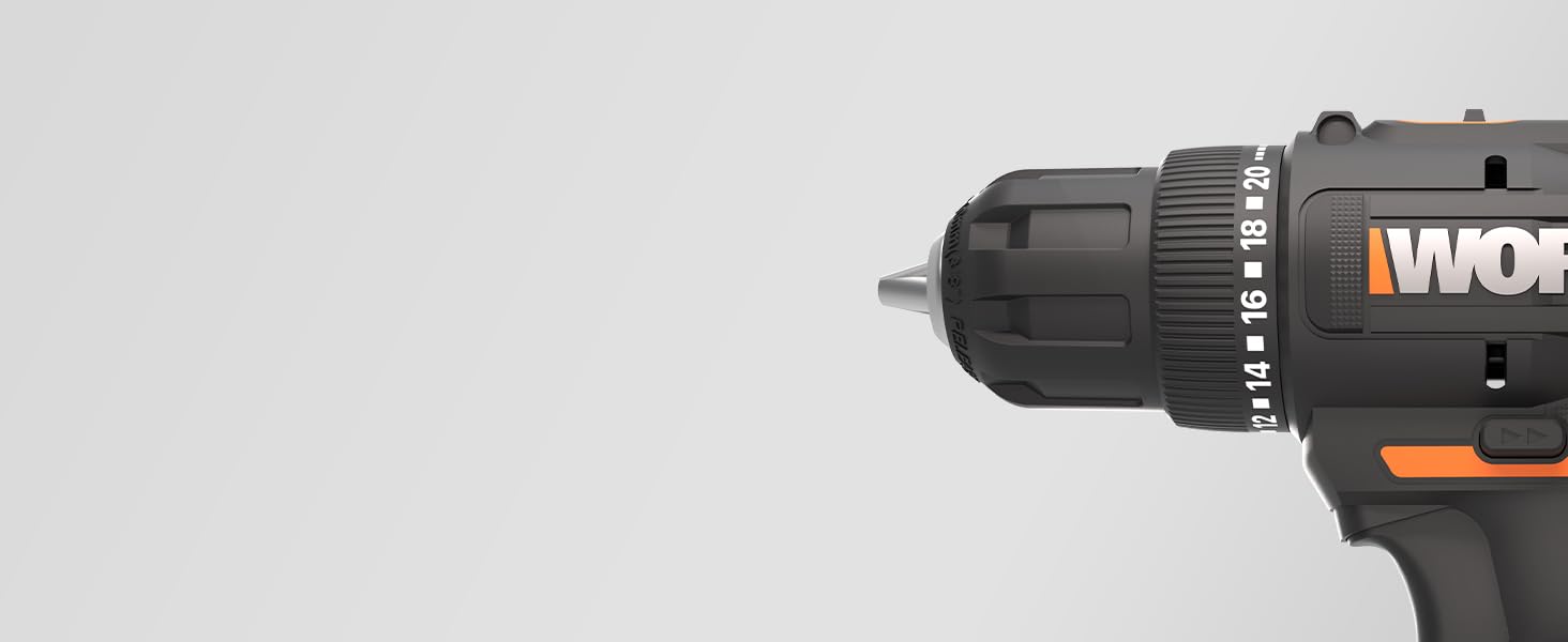 WORX WX108 акумуляторний дриль-шуруповерт 20V – універсальний інструмент для свердління та закручування, двоступеневий регулятор швидкості та 20+1 налаштувань крутного моменту до 45Nm – в комплекті 2x2Ah акумулятори та зарядний пристрій (10мм патрон, 30Nm, в комплекті 2Ah акумулятор та зарядний пристрій)