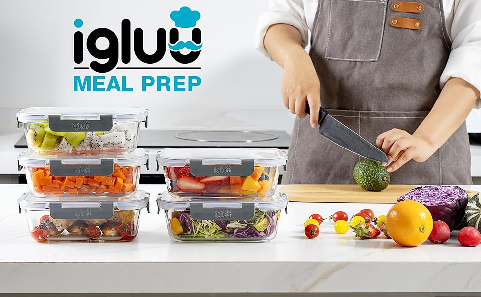 Набір контейнерів для їжі Igluu Meal Prep (5 шт.) – 1050 мл, Borosilikatglas, мікрохвильовка, духовка, морозильник, посудомийна машина, витікання