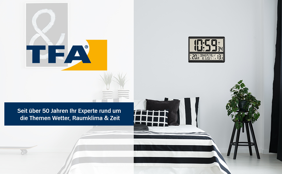 TFA Dostmann Digital XL Wall Clock, 60.4521.01, with outdoor temperature, indoor temperature, weekday (8 languages), radio clock, date, black, (L) 360 x (W) 235 x (H) 28 (84) mm