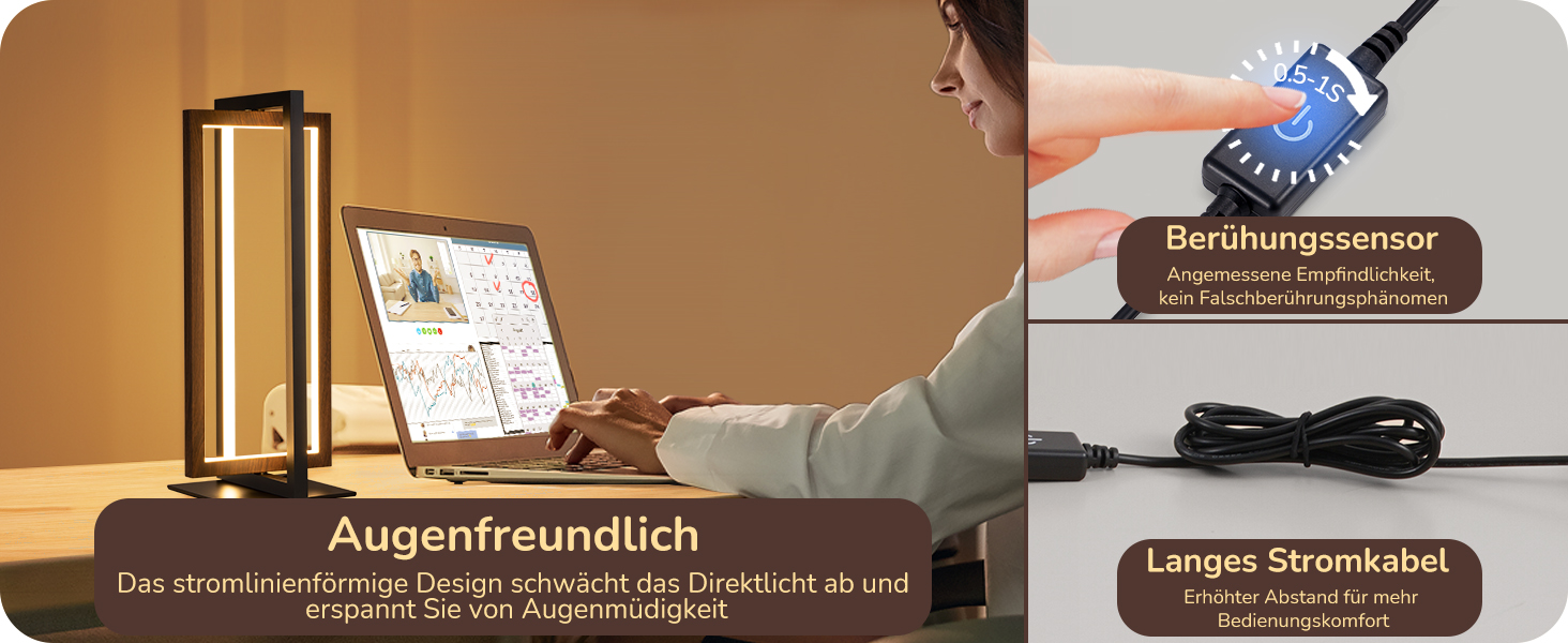 LED настільна лампа EDISHINE з дерева, торкання, регулювання яскравості та функція пам'яті, 3 колірні температури, 350 люмен, сучасна лампа для вітальні, офісу, подарунок (горіх, сучасний стиль)