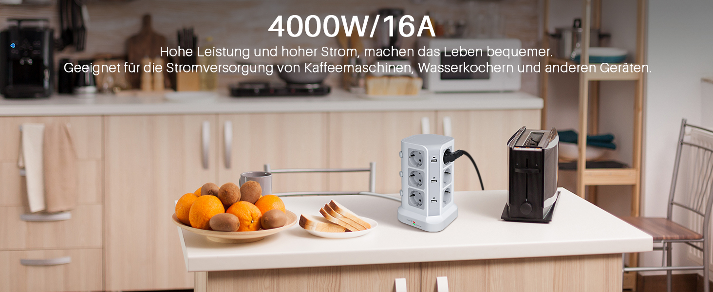 Стедова колонка KOOSLA з 12 розетками, захистом від перенапруги (4000W/16A) та 6 USB, 5м, білий - для офісу, кухні, столу