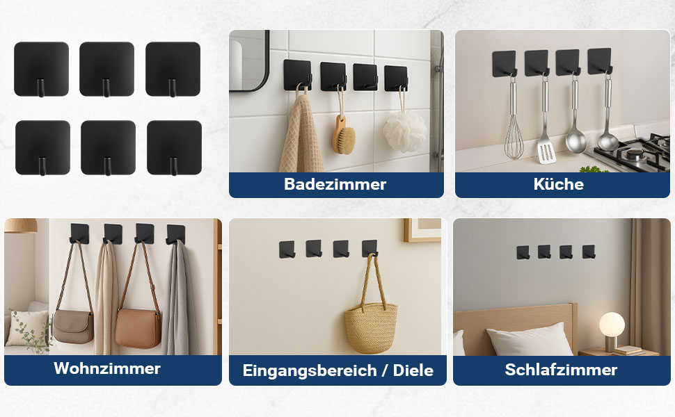 Набір гачків для рушників без свердління, 6 шт. з нержавіючої сталі, самоклеючі, до 10 кг, для ванної кімнати та кухні