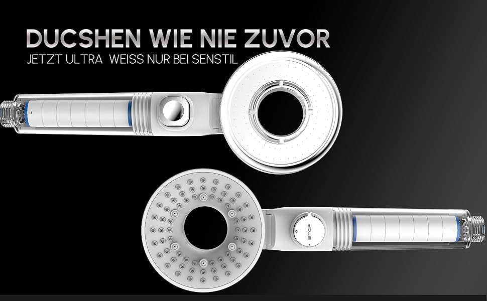 senstil® Premium Shower Head with Hose | Up to 60% Water-Saving Handheld Shower | 3 Spray Modes | SPA, Rain Shower, Booster | Optimal Water Pressure, Smart-Stop Button Saves Water & Energy (White)